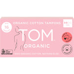 16 pack of TOM Organic Mini Tampons in a light blue and white box for light flow days.