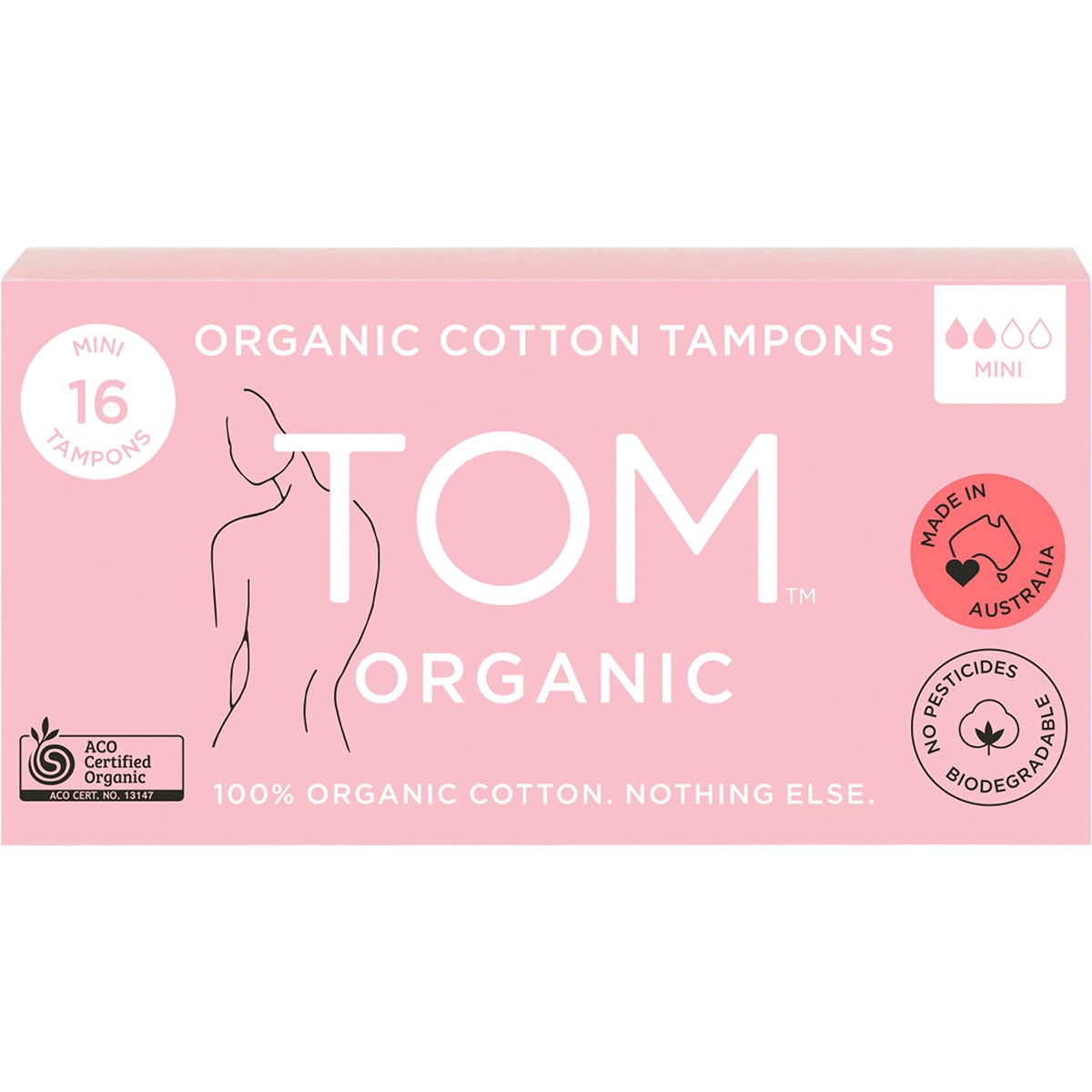 16 pack of TOM Organic Mini Tampons in a light blue and white box for light flow days.