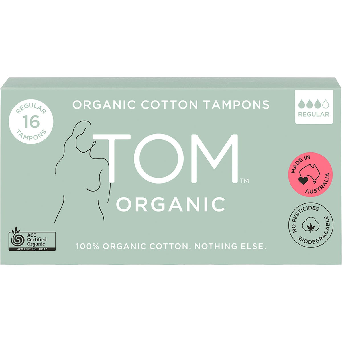 Box of 12 TOM Organic Regular Tampons, each containing 16 100% organic cotton tampons for medium flow.
