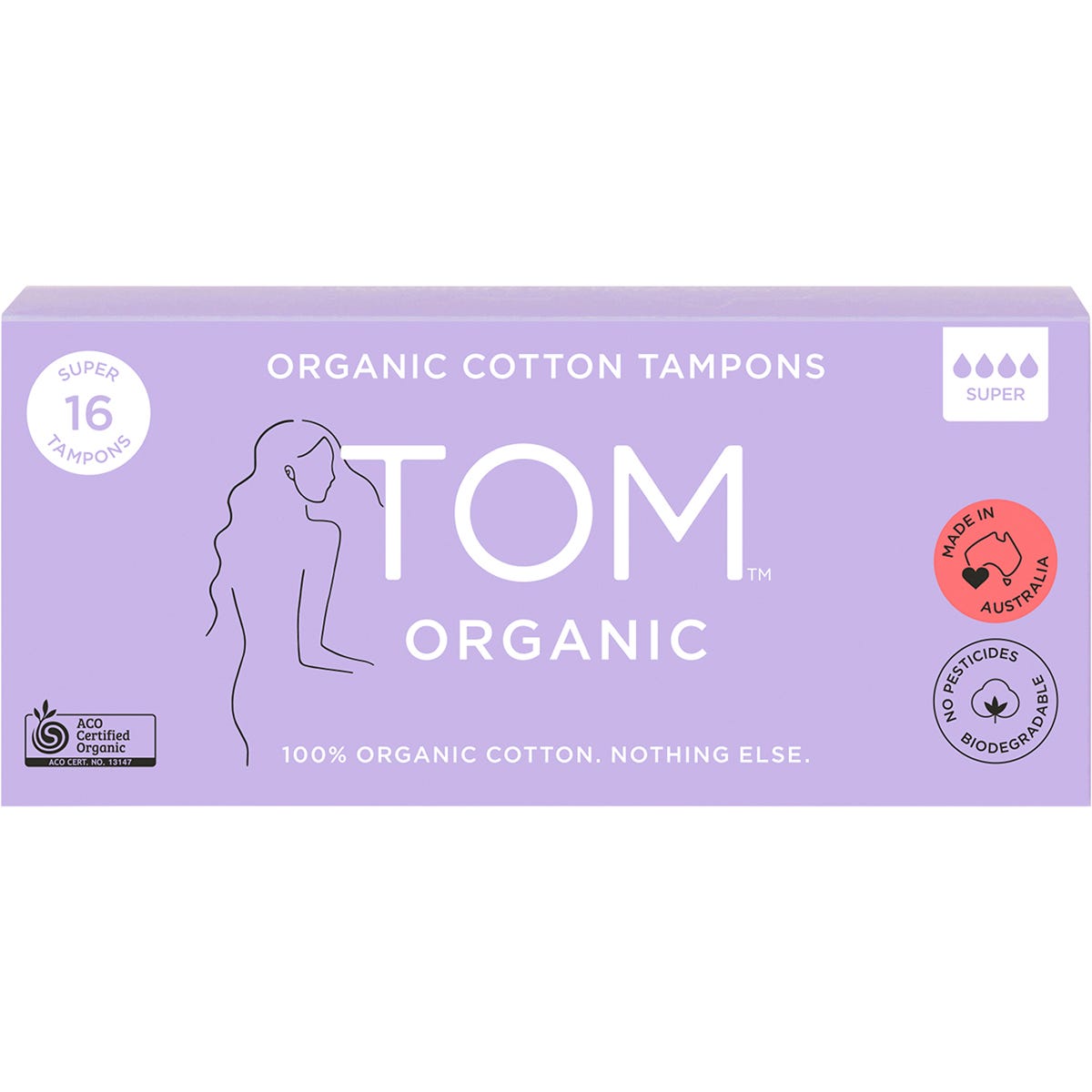 Box of TOM Organic Super Tampons 16 Pack featuring a white and teal design with a single cotton tampon illustration.