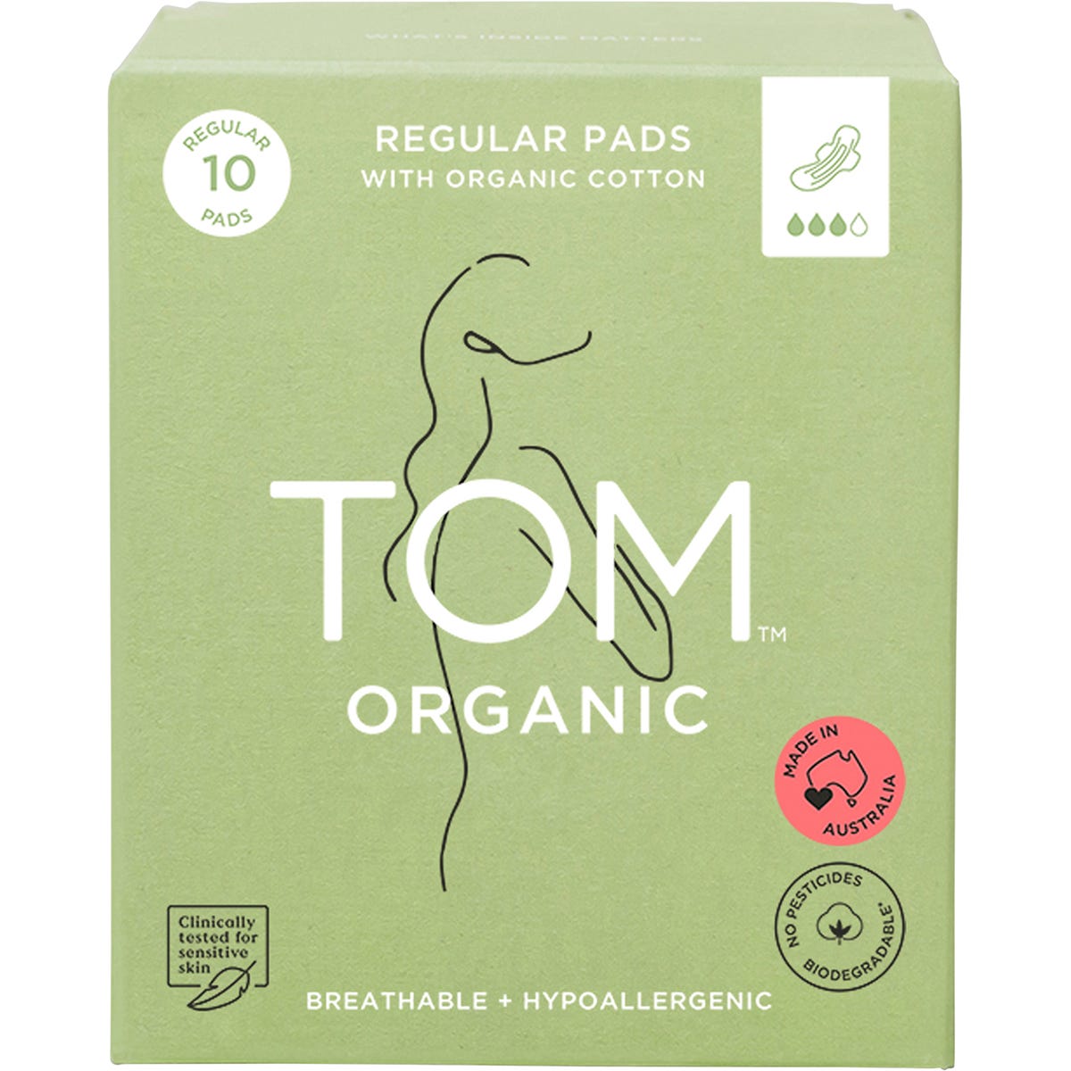 Six 10-packs of TOM Organic Ultra Thin Regular Pads with wings, featuring an organic cotton topsheet.