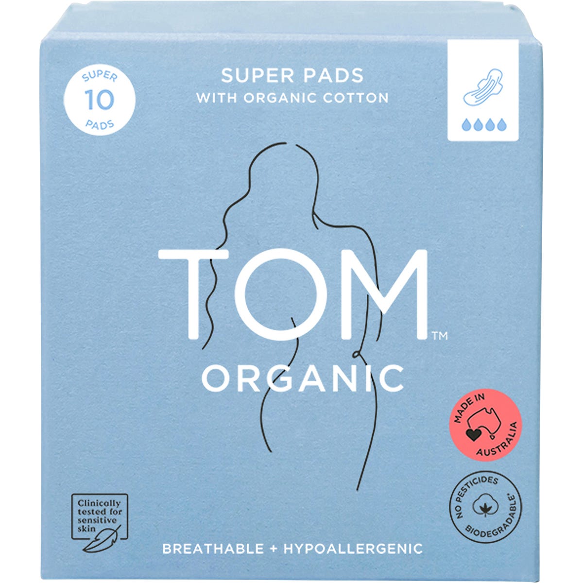 Pack of 6 TOM Organic Ultra Thin Super Pads with Wings, 10 count per pack, featuring a 100% organic cotton topsheet.