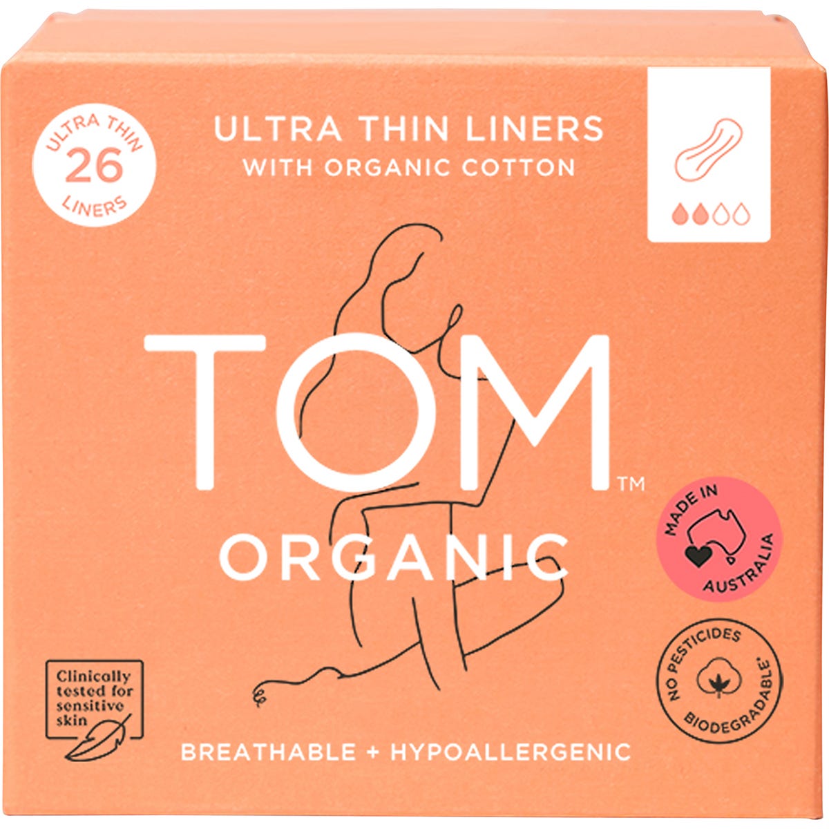 Box of 26 TOM Organic wrapped ultra thin panty liners made with organic cotton.