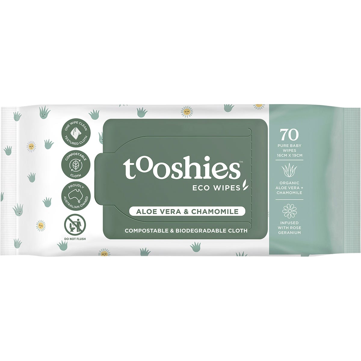 70 pack of Tooshies Eco Baby Wipes with aloe vera and chamomile in a white and green plastic-free package.