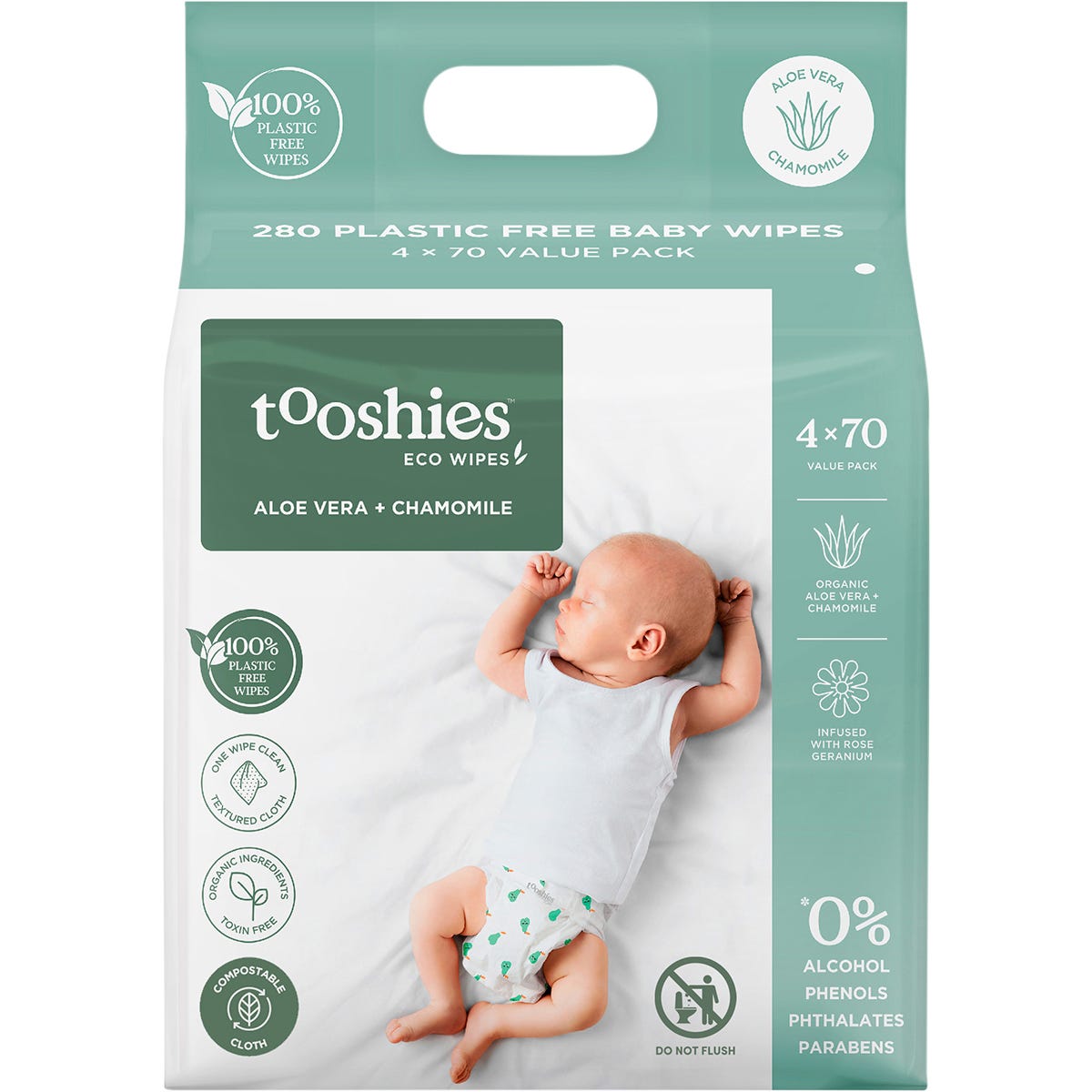 Tooshies 4-pack of Aloe Vera and Chamomile eco wipes in a green value box with a resealable lid.