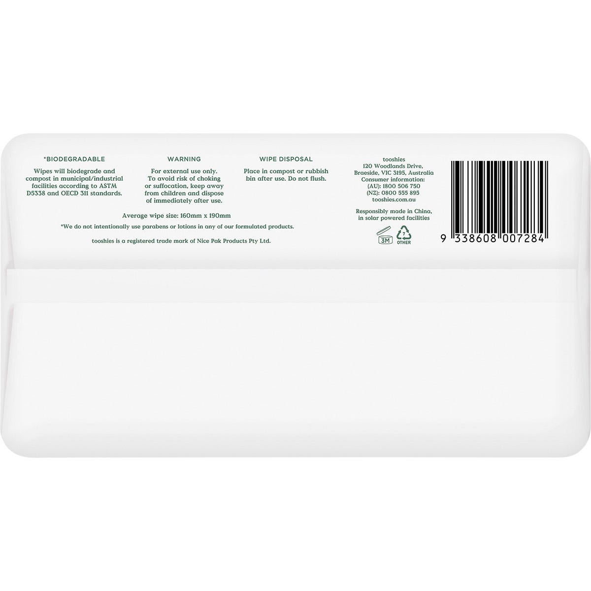 Bottom of Tooshies Eco Wipes 4-pack box with barcode, product dimensions, and contact information.