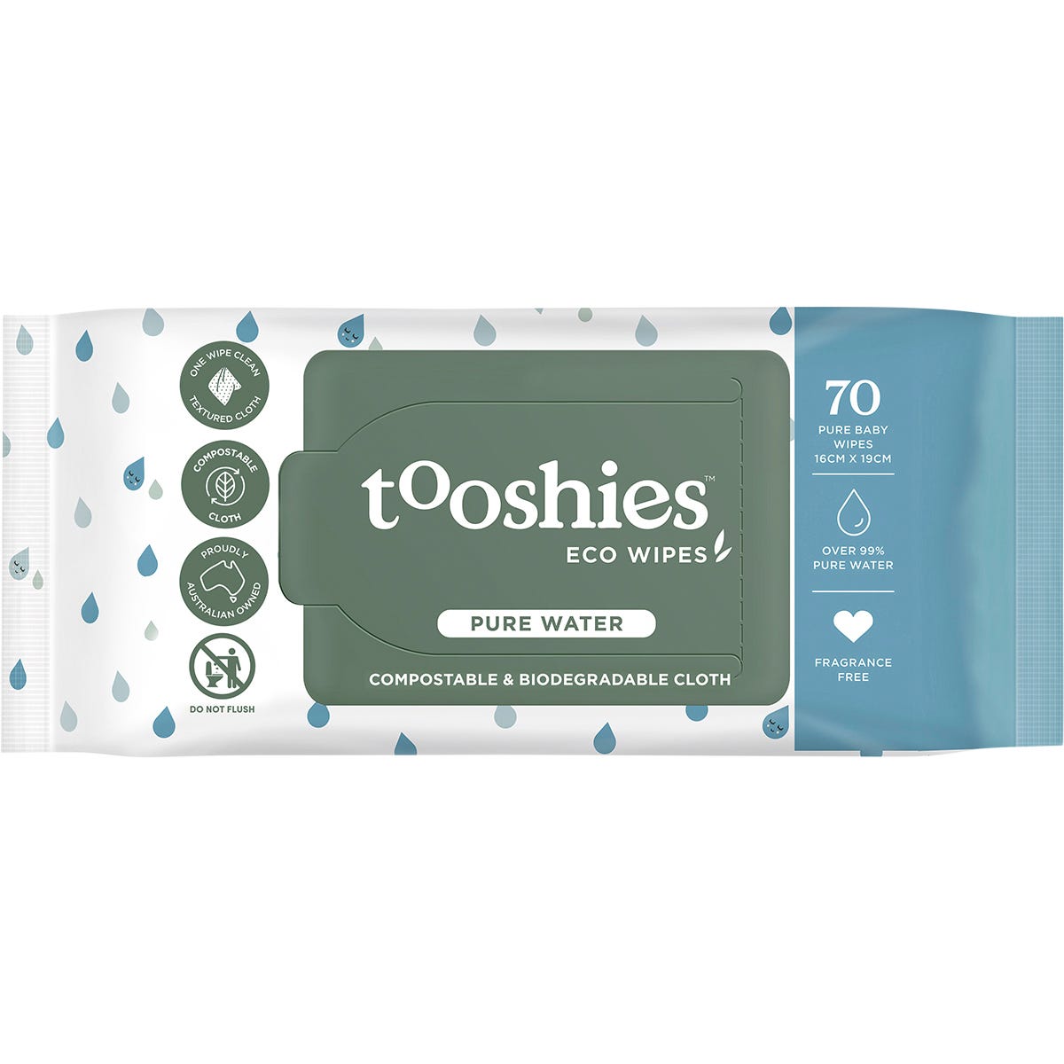 70 pack of Tooshies Eco Pure Baby Wipes in a white and blue packet with a large flip-top lid.