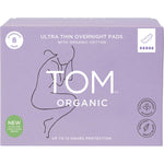 Pack of 6 TOM Organic ultra thin overnight pads with wings, made from 100% organic cotton for heavy flow.