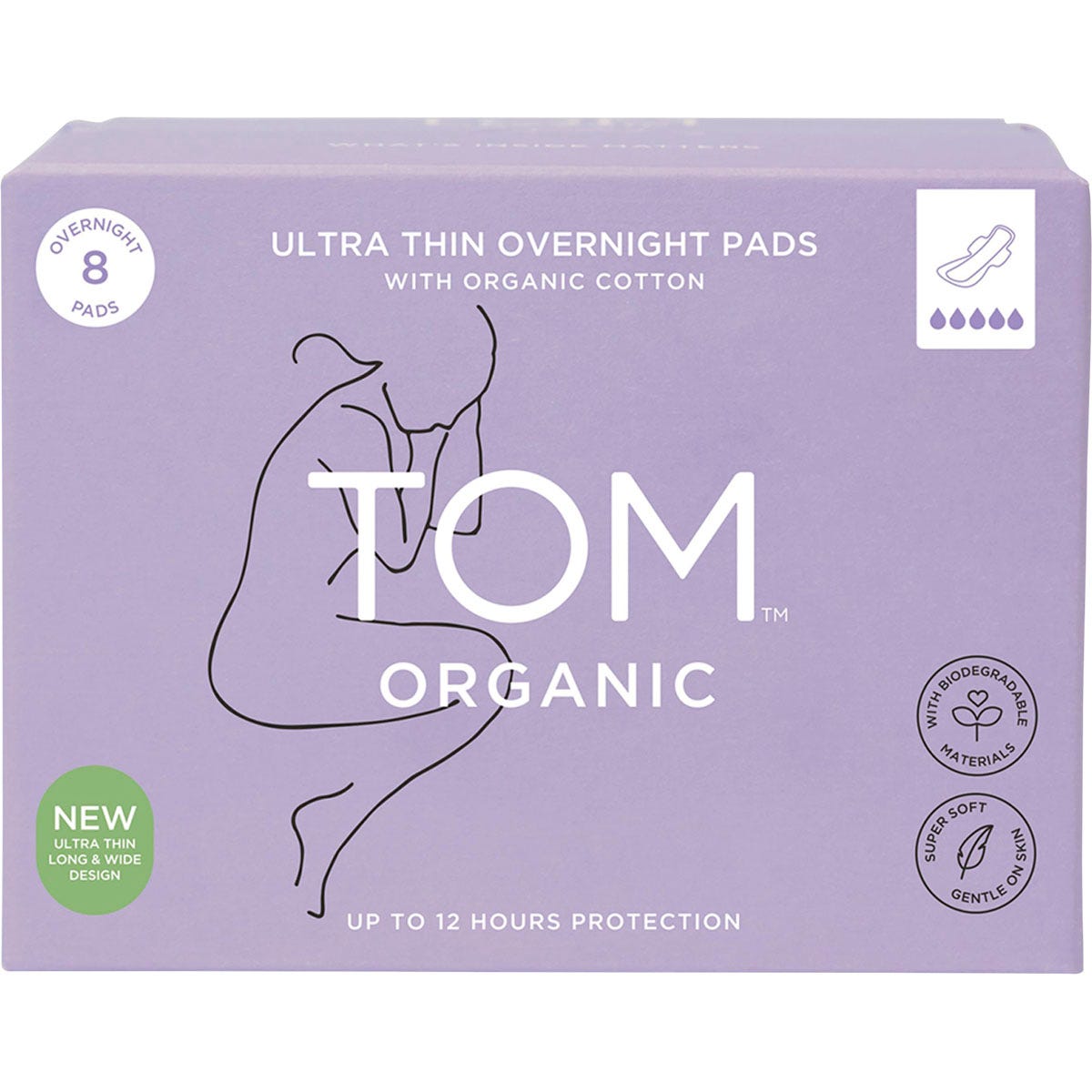 Pack of 6 TOM Organic ultra thin overnight pads with wings, made from 100% organic cotton for heavy flow.