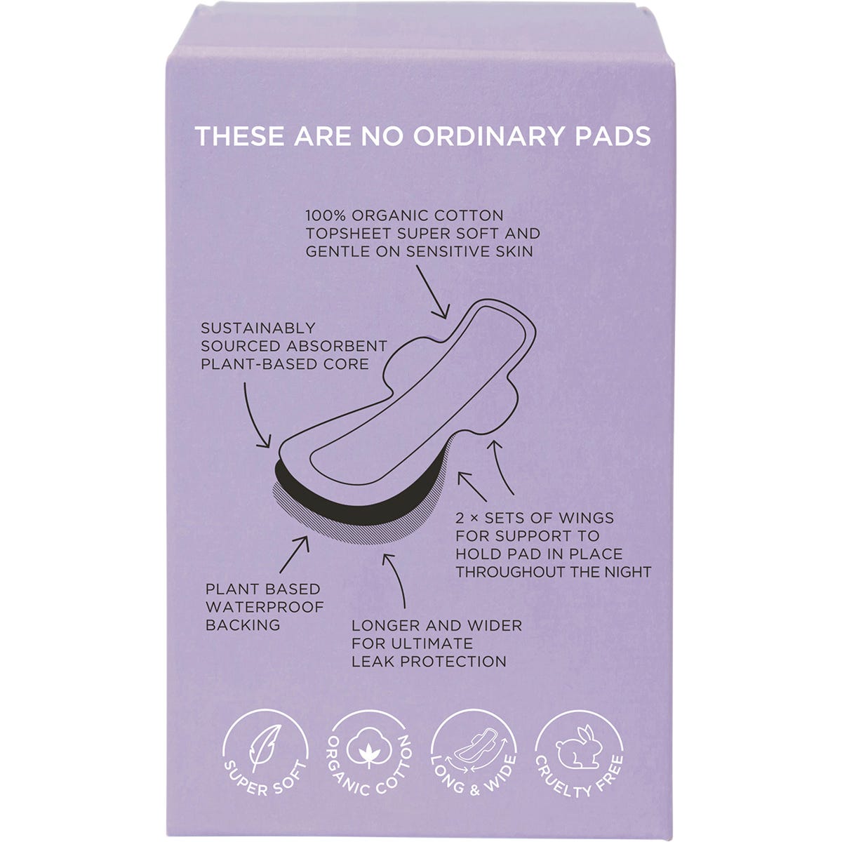 Left side of a TOM Organic Ultra Thin Overnight 8 Pack box showing product features and 100% organic cotton logo.