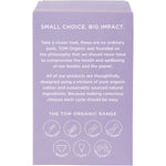 Side view of TOM Organic Overnight Pads box highlighting 100% organic cotton and 12-hour protection.
