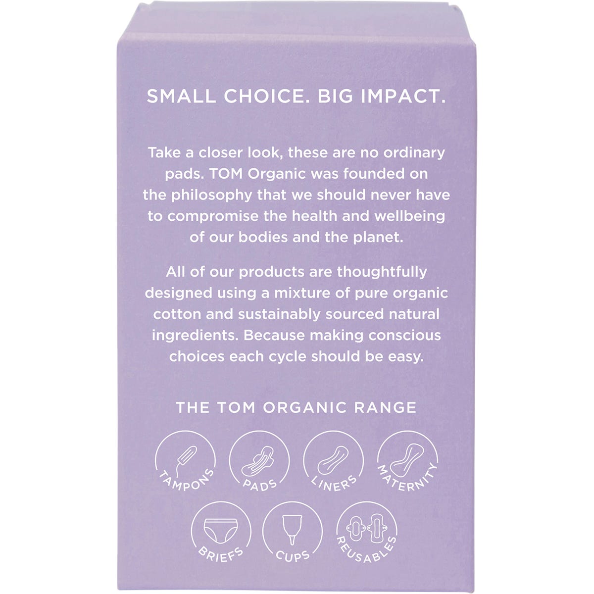 Side view of TOM Organic Overnight Pads box highlighting 100% organic cotton and 12-hour protection.