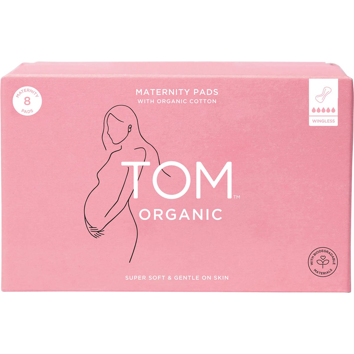 8-pack of TOM Organic wingless maternity pads in a white box with purple and teal leaf designs.