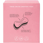 Side view of a TOM Organic Maternity Pads 8-pack box showing key features and 100% organic cotton logo.