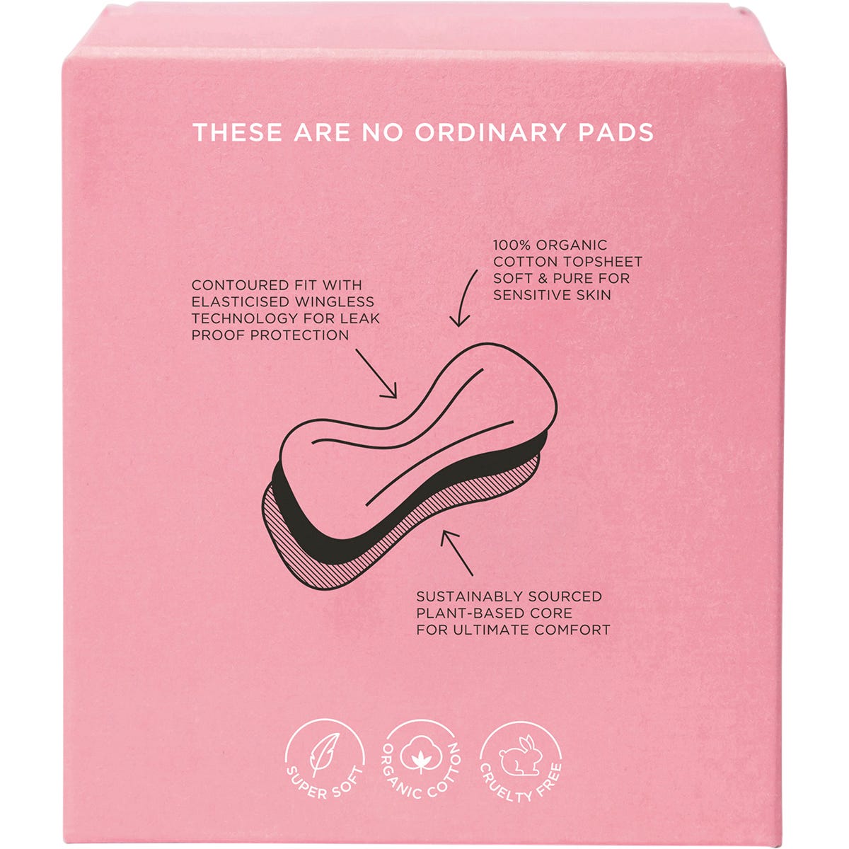 Side view of a TOM Organic Maternity Pads 8-pack box showing key features and 100% organic cotton logo.