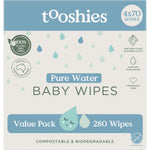 Tooshies Pure Water Baby Wipes 4-pack value box, featuring 100% biodegradable and plastic-free wipes.