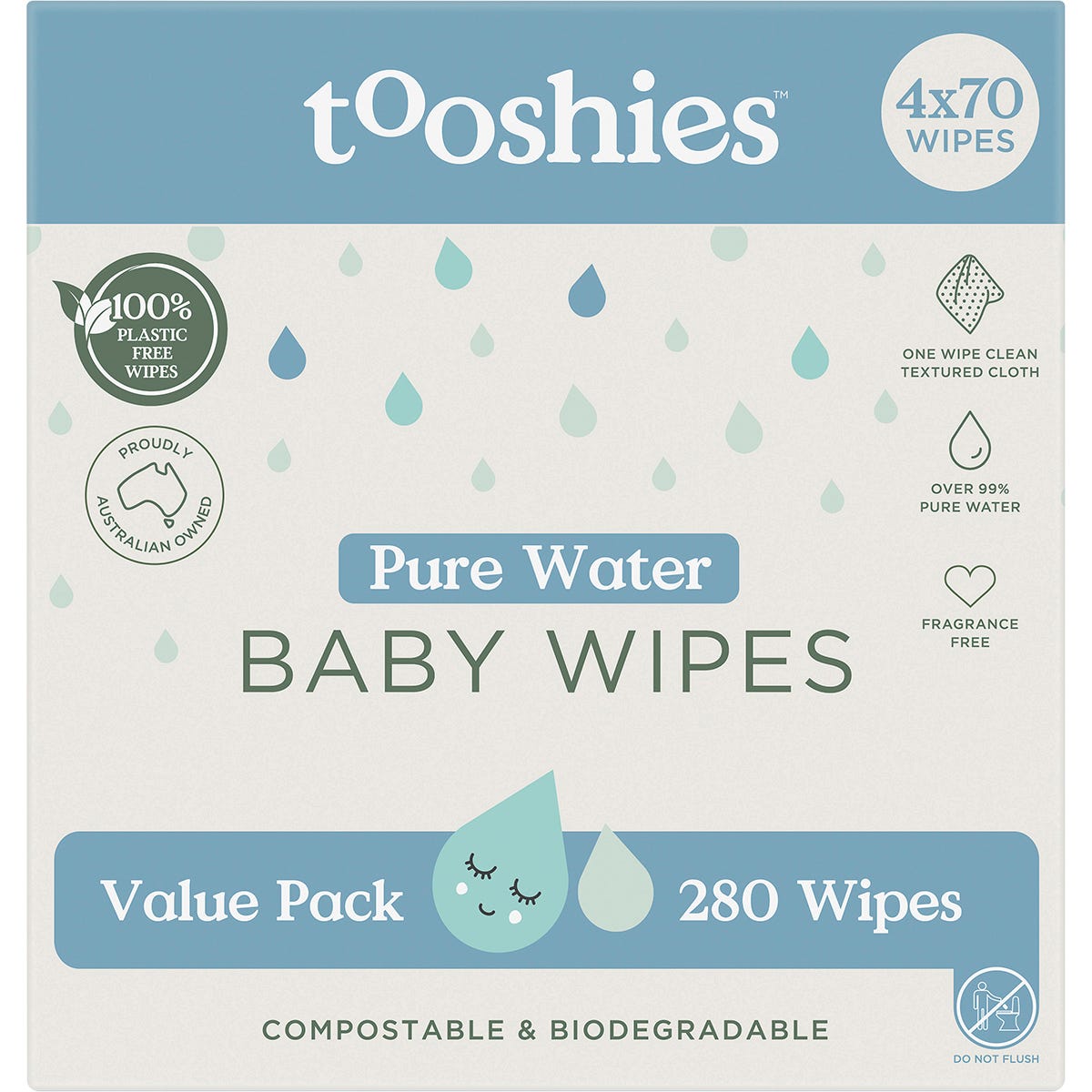 Tooshies Pure Water Baby Wipes 4-pack value box, featuring 100% biodegradable and plastic-free wipes.