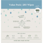 Back of Tooshies Pure Water Baby Wipes 4-pack value box showing product benefits and sustainability features.