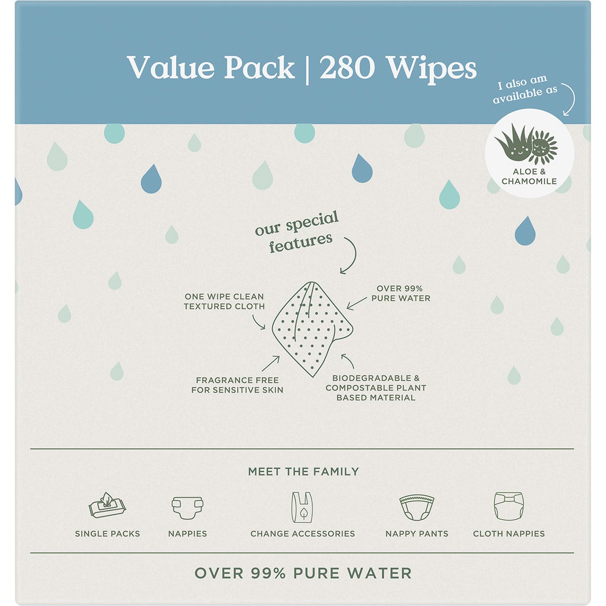 Back of Tooshies Pure Water Baby Wipes 4-pack value box showing product benefits and sustainability features.