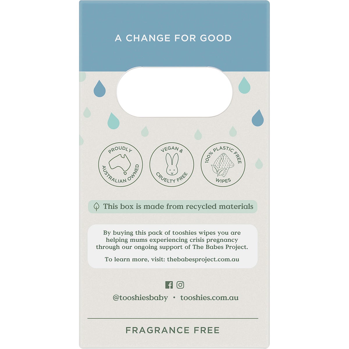 Side view of a Tooshies Pure Water Baby Wipes 4-pack value box highlighting its 100% plastic-free and biodegradable features.