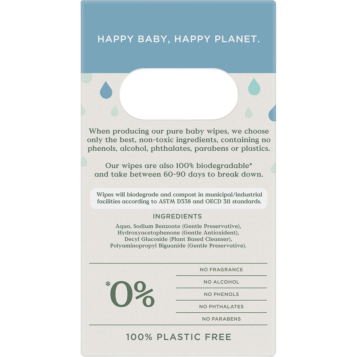 Side view of Tooshies Pure Water Baby Wipes box listing product features like 99.4% pure water and plastic-free.
