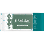 70 pack of Tooshies Probiotic Water Wipes in white packaging with blue and green accents and a flip-top lid.