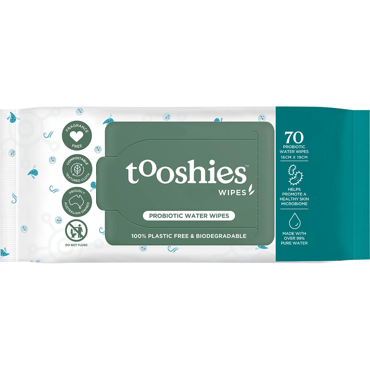 70 pack of Tooshies Probiotic Water Wipes in white packaging with blue and green accents and a flip-top lid.