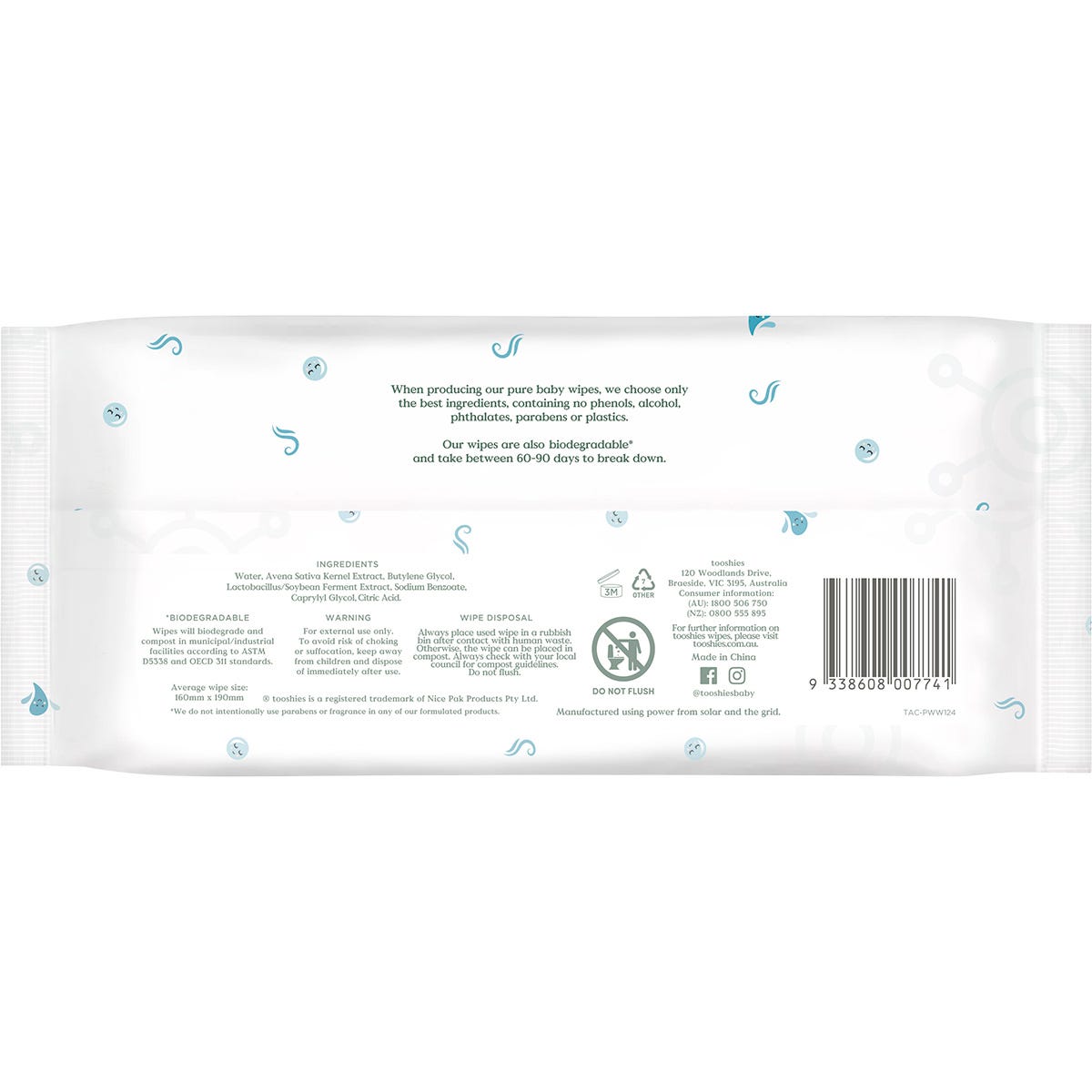Back of Tooshies Probiotic Water Wipes 70 pack with ingredients, features, and usage instructions.