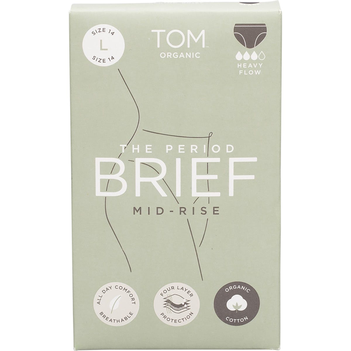 Black mid-rise TOM Organic period brief in size large featuring a soft elastic waistband and leak-proof organic cotton.