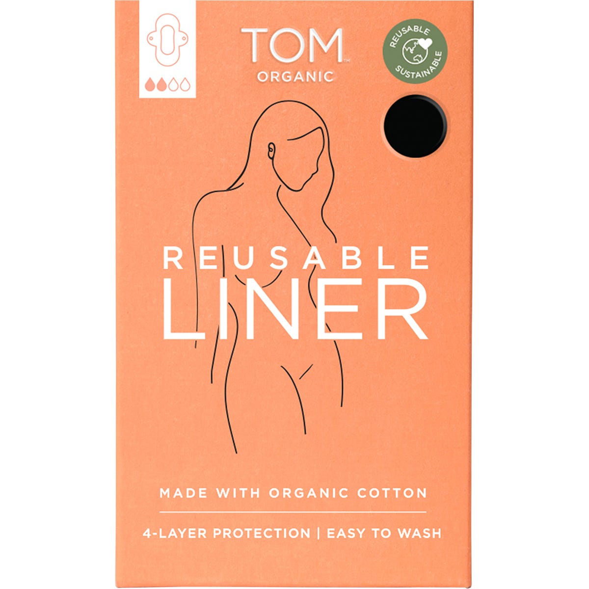 Black TOM Organic reusable panty liner with a snap closure and a subtle logo on a clean white background.