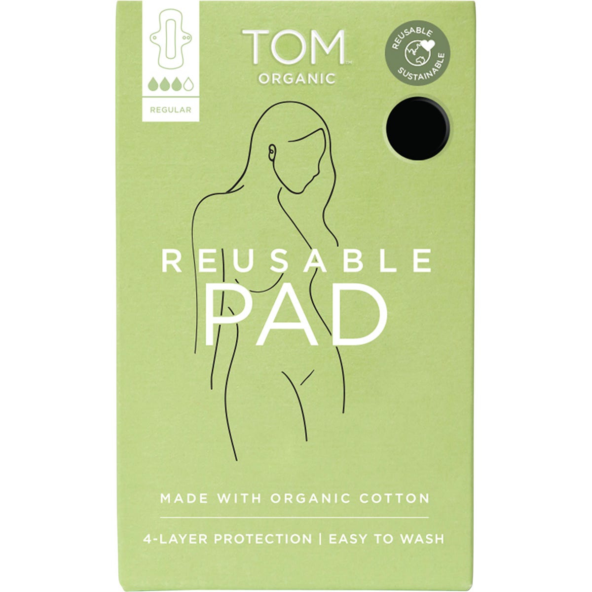 White TOM Organic reusable pad with wings and a snap button closure on a plain white background.