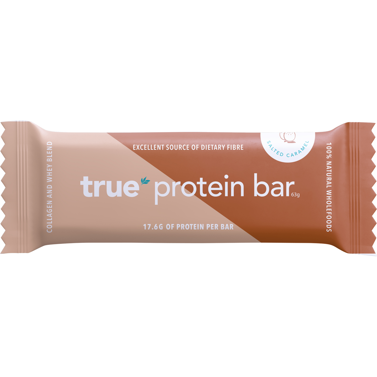 Individually wrapped 63g True Protein Salted Caramel bar featuring a beige and brown label on a white background.