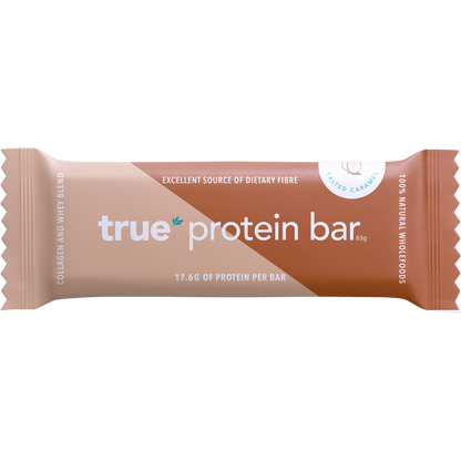 Individually wrapped 63g True Protein Salted Caramel bar featuring a beige and brown label on a white background.