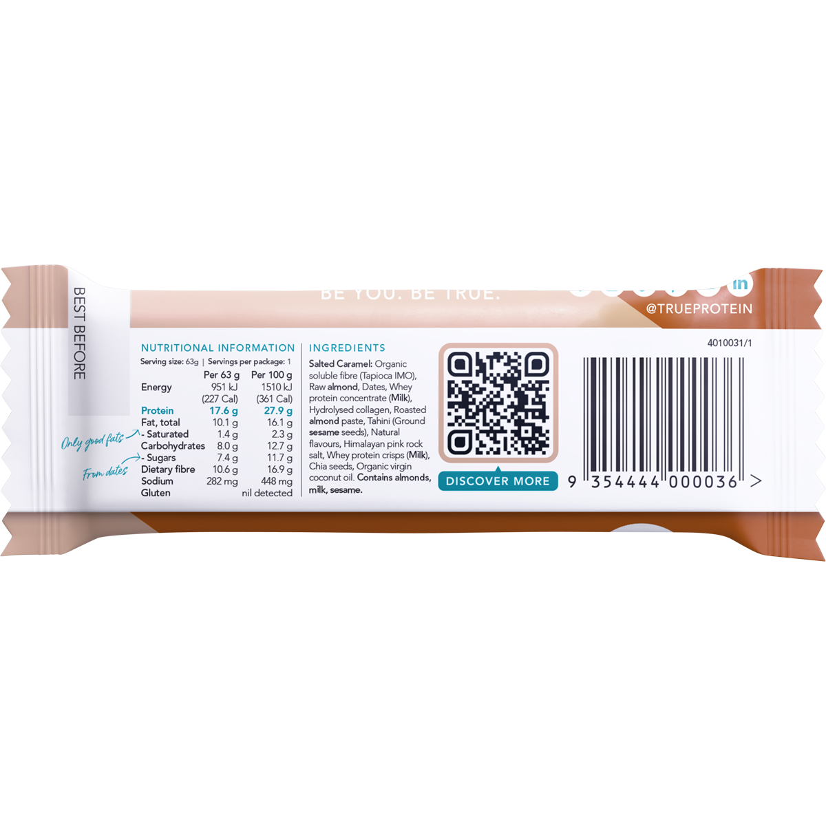 Back of True Protein Salted Caramel bar wrapper with nutrition facts, ingredients list, and 17.2g protein per serve.