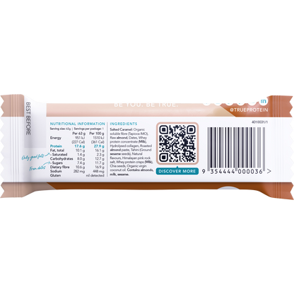 Back of True Protein Salted Caramel bar wrapper with nutrition facts, ingredients list, and 17.2g protein per serve.