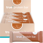 True Protein Salted Caramel bar shown as a single wrapped bar, a box of 12, and a group of three bars on a white background.