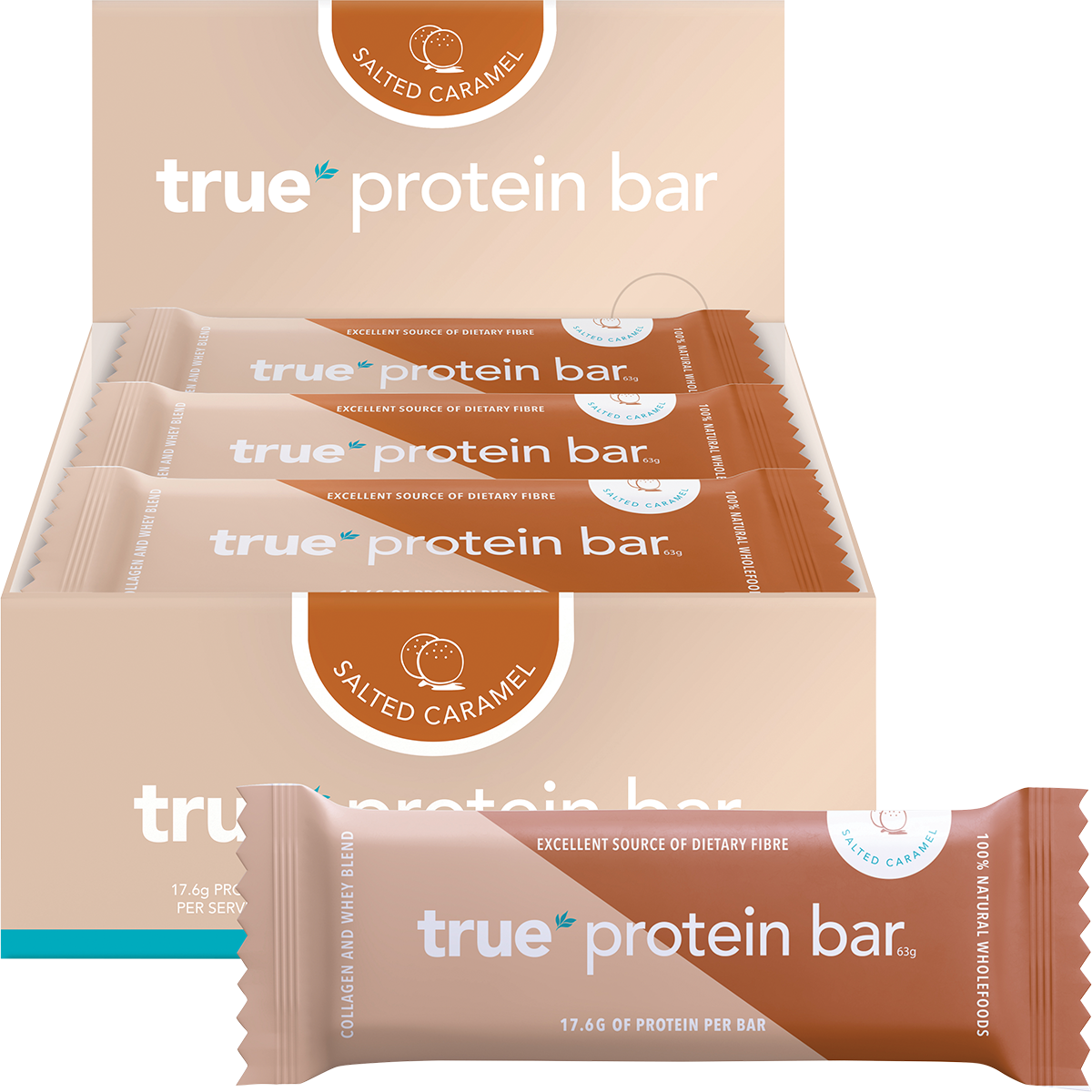 True Protein Salted Caramel bar shown as a single wrapped bar, a box of 12, and a group of three bars on a white background.