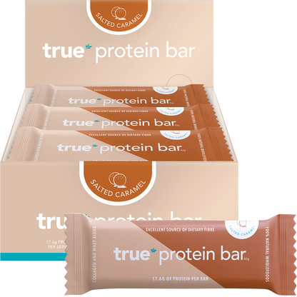 True Protein Salted Caramel bar shown as a single wrapped bar, a box of 12, and a group of three bars on a white background.