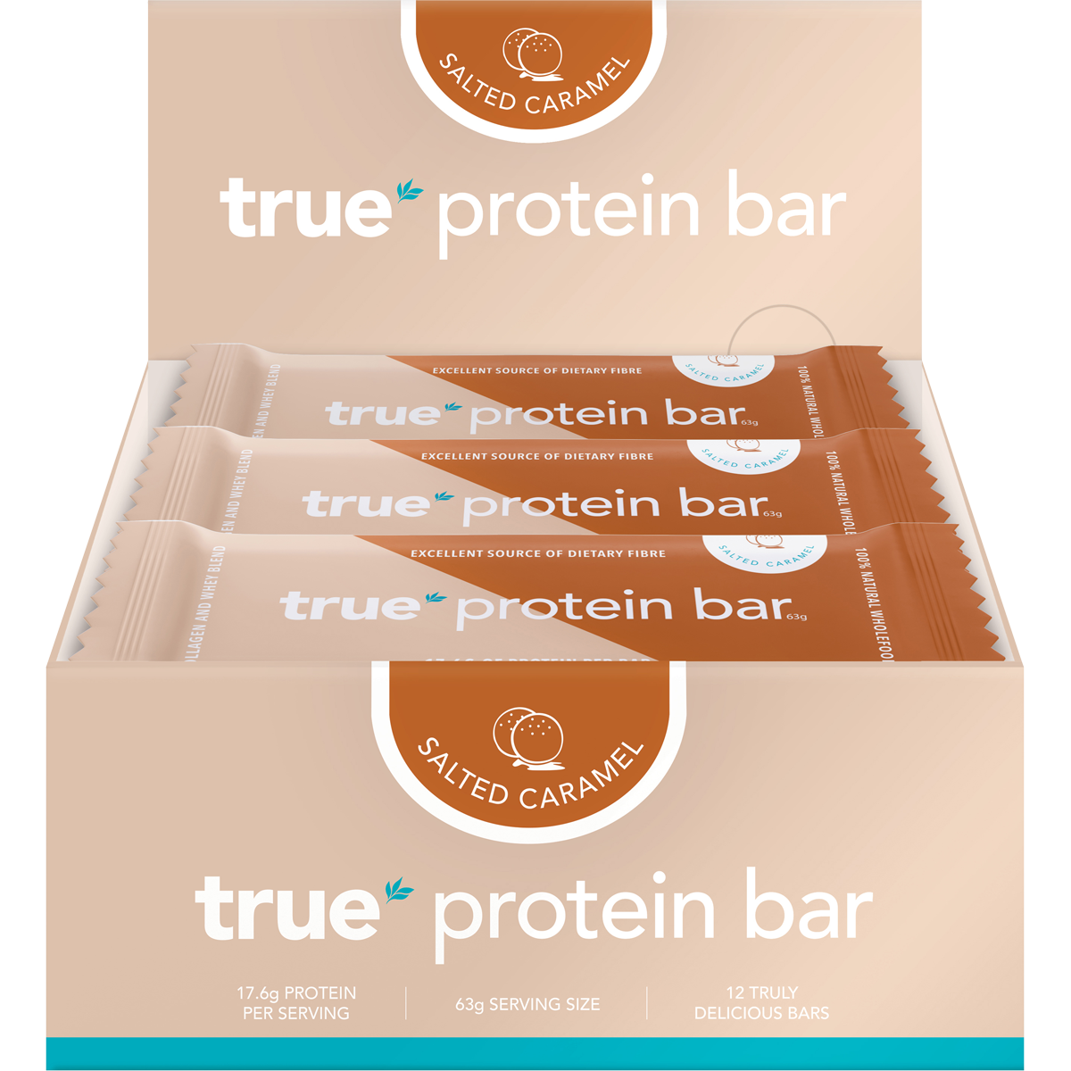 Box of 12 True Protein Salted Caramel bars in a beige display box with one individually wrapped bar in front.