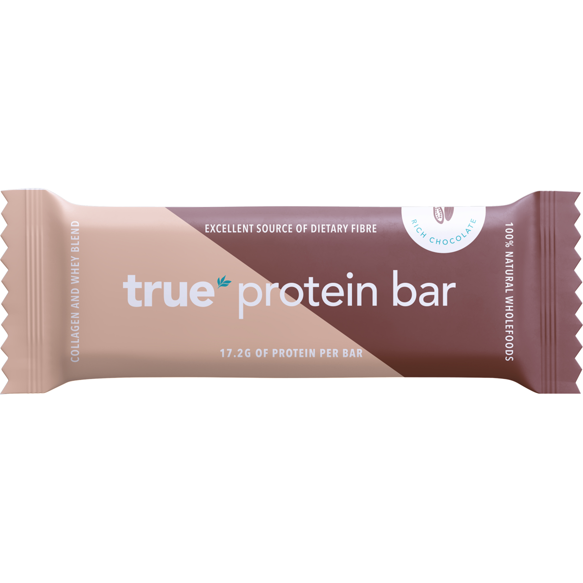 Single True Protein Bar in Rich Chocolate flavor packaging on a white background.