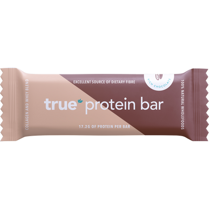Single True Protein Bar in Rich Chocolate flavor packaging on a white background.