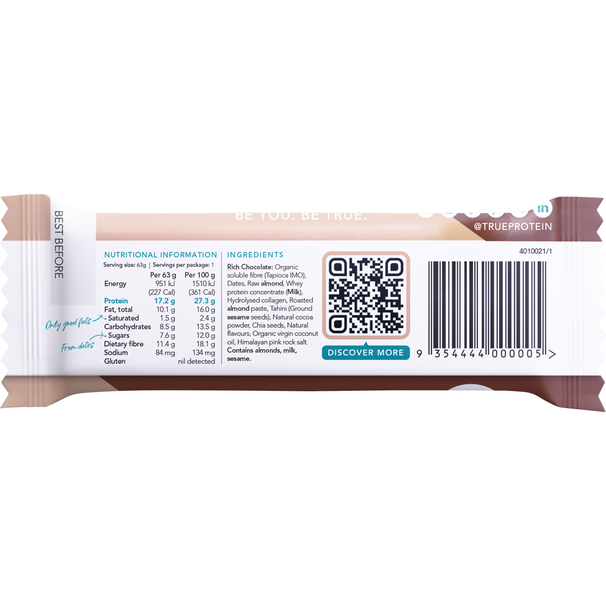 Back of True Protein Rich Chocolate bar showing nutrition facts, ingredients list, and allergen information.
