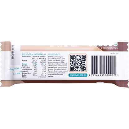 Back of True Protein Rich Chocolate bar showing nutrition facts, ingredients list, and allergen information.