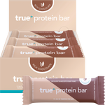 True Protein Bar Rich Chocolate 12-pack display box and single bar on a white background.