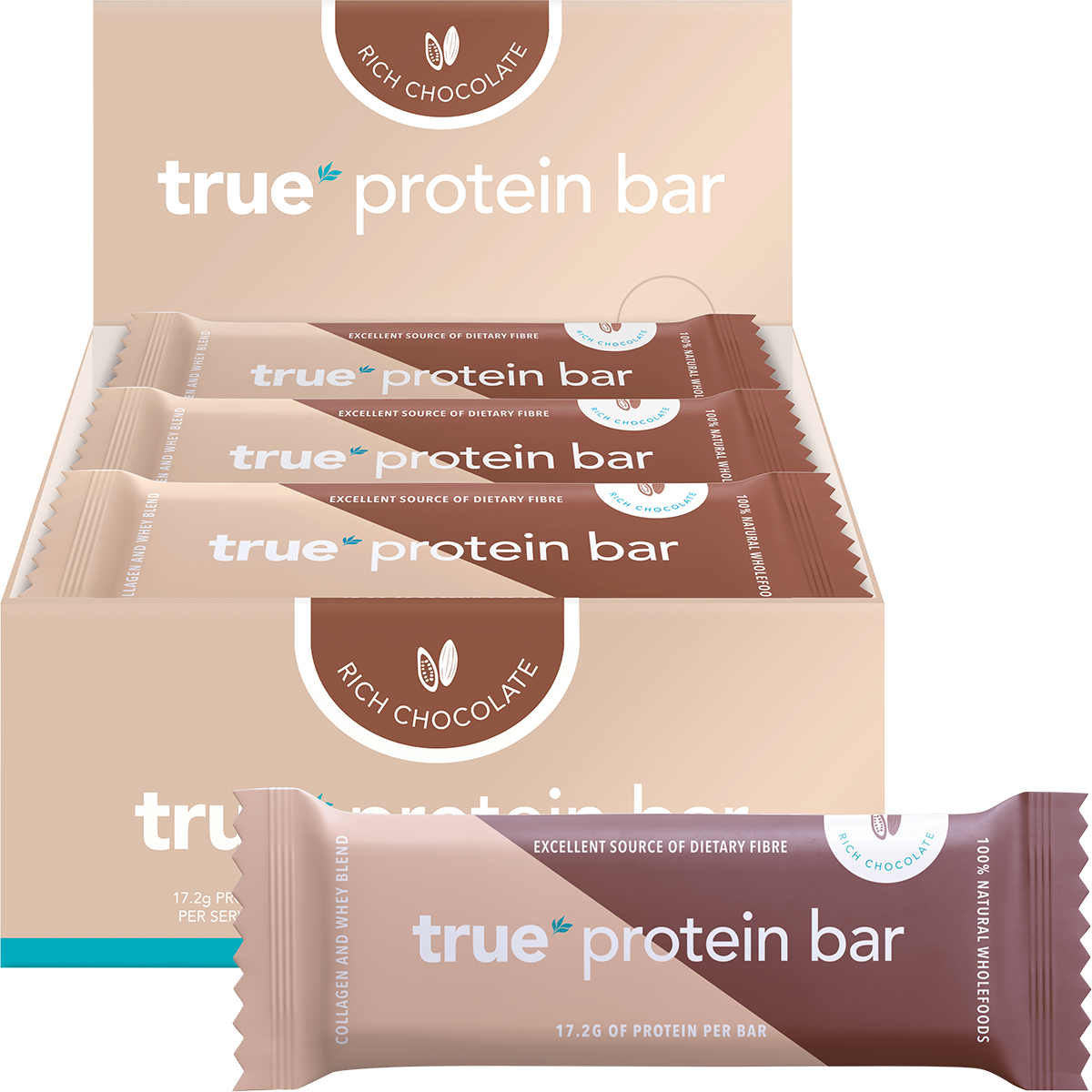 True Protein Bar Rich Chocolate 12-pack display box and single bar on a white background.