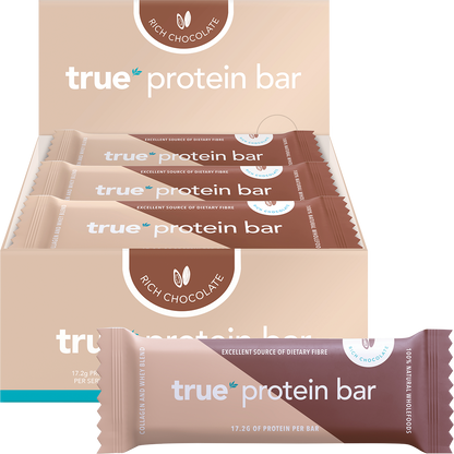 True Protein Bar Rich Chocolate 12-pack display box and single bar on a white background.
