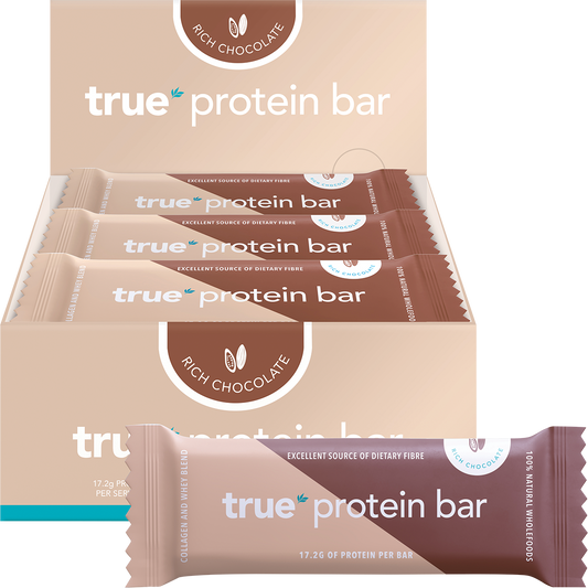 True Protein Bar Rich Chocolate 12-pack display box and single bar on a white background.