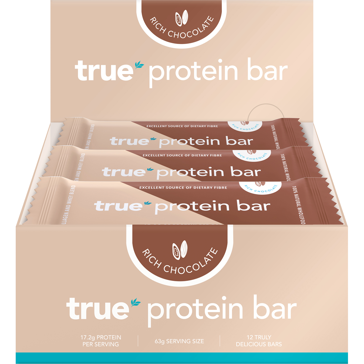 True Protein Bar Rich Chocolate 12-pack display box showing individual bars in black and gold packaging.