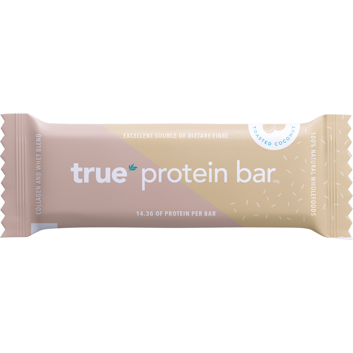 Wrapped 63g True Protein Bar in Toasted Coconut flavor, featuring a white and light blue label on a white background.
