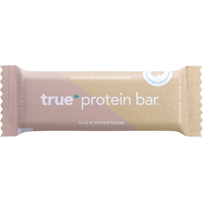 Wrapped 63g True Protein Bar in Toasted Coconut flavor, featuring a white and light blue label on a white background.